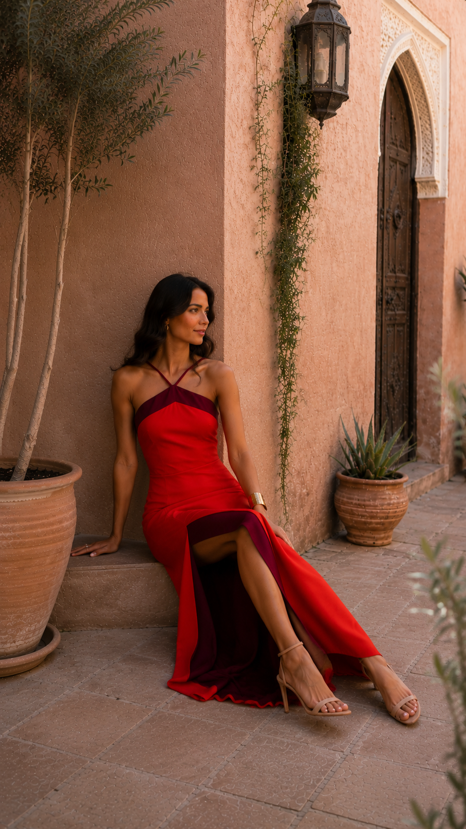 Vestido Largo Halter con Abertura Lateral Rojo
