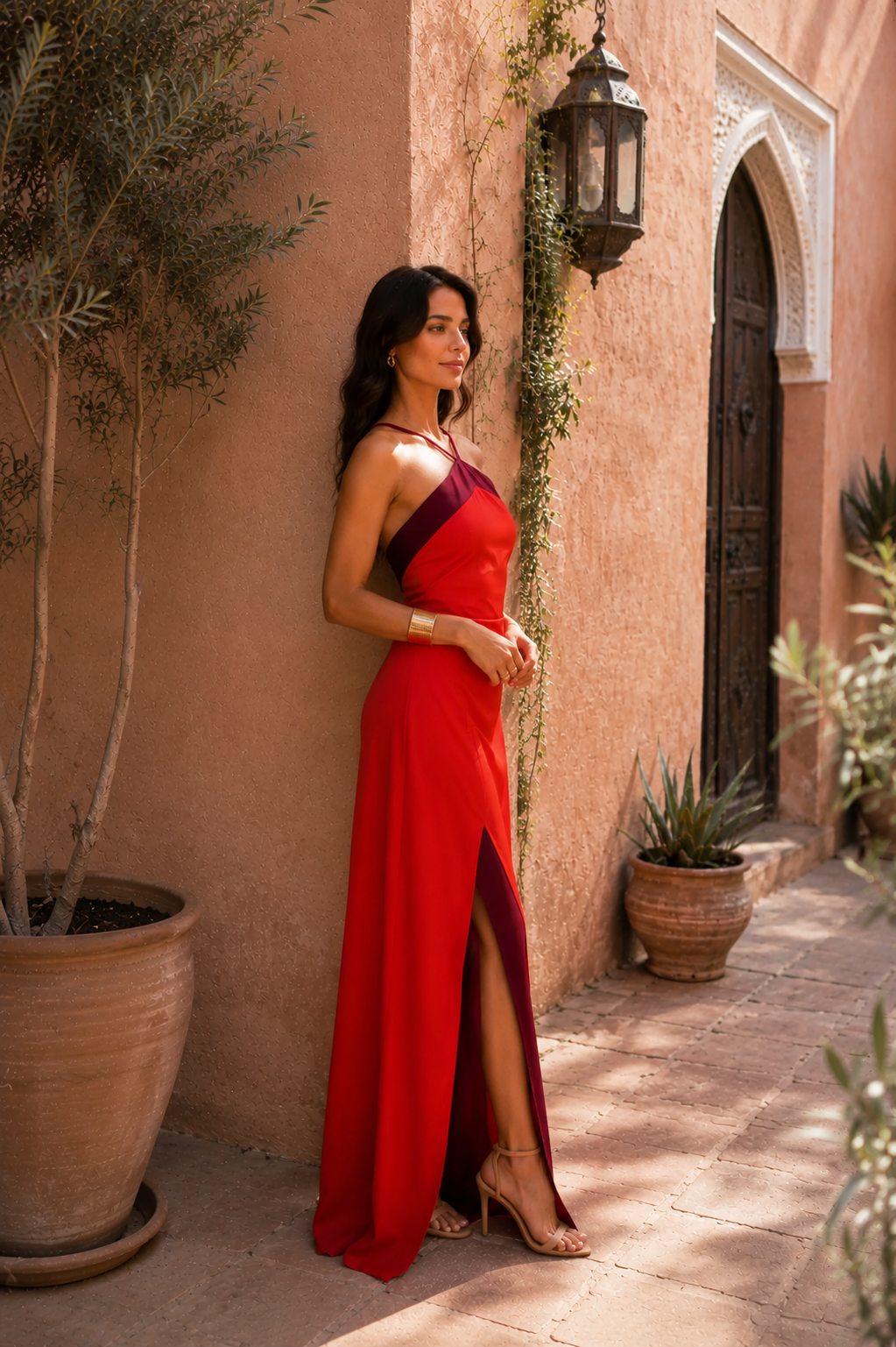 Vestido Largo Halter con Abertura Lateral Rojo
