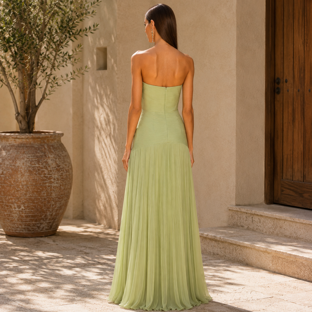 Vestido Largo Palabra de Honor Falda Plisada