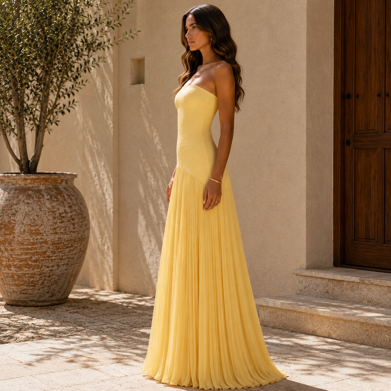 Vestido Largo Palabra de Honor Falda Plisada