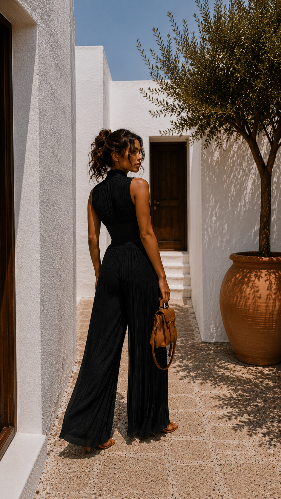 Mono Plisado de Chiffon Negro con Mangas Kimono