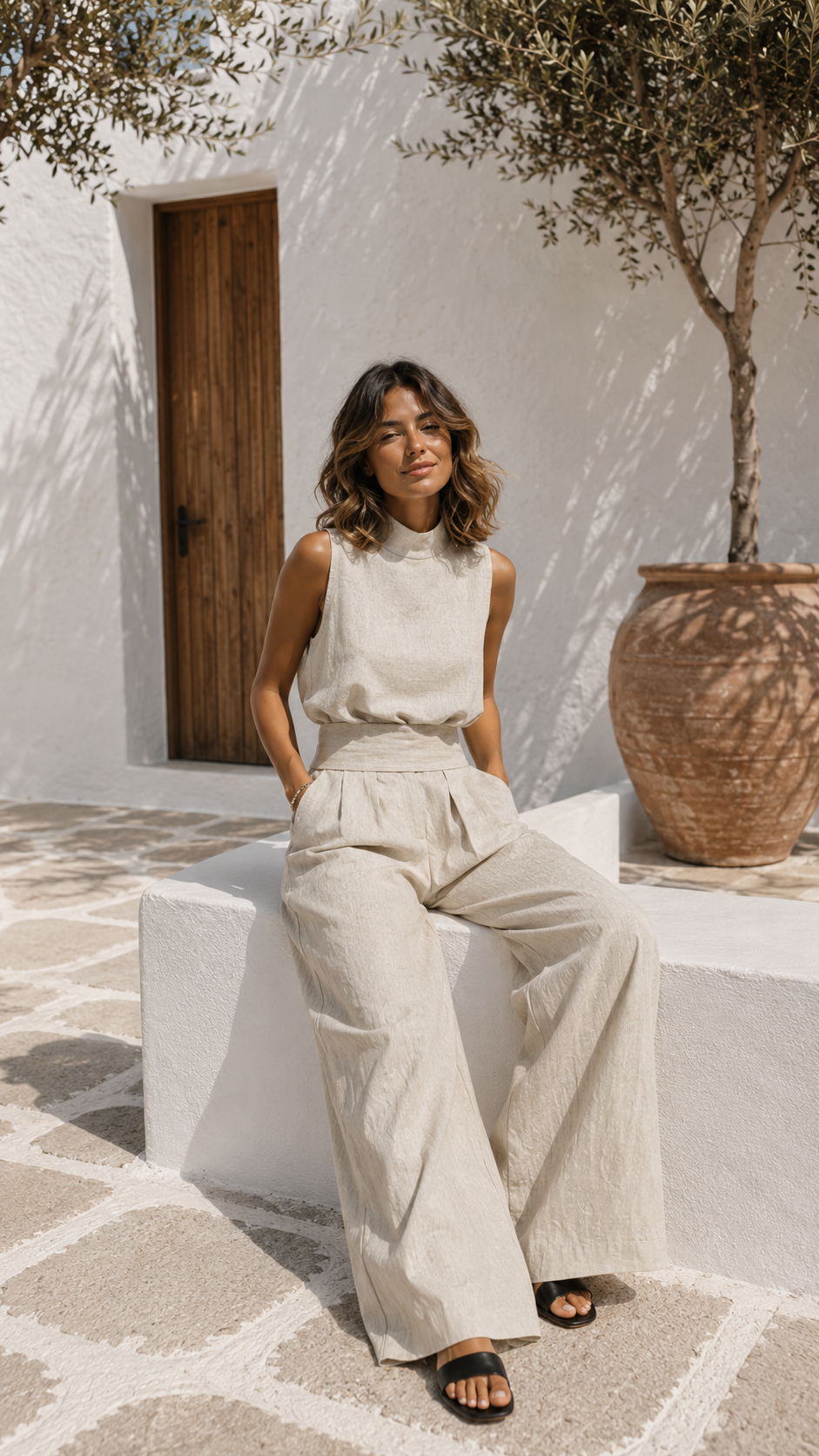Conjunto de Top sin Mangas y Pantalones Anchos