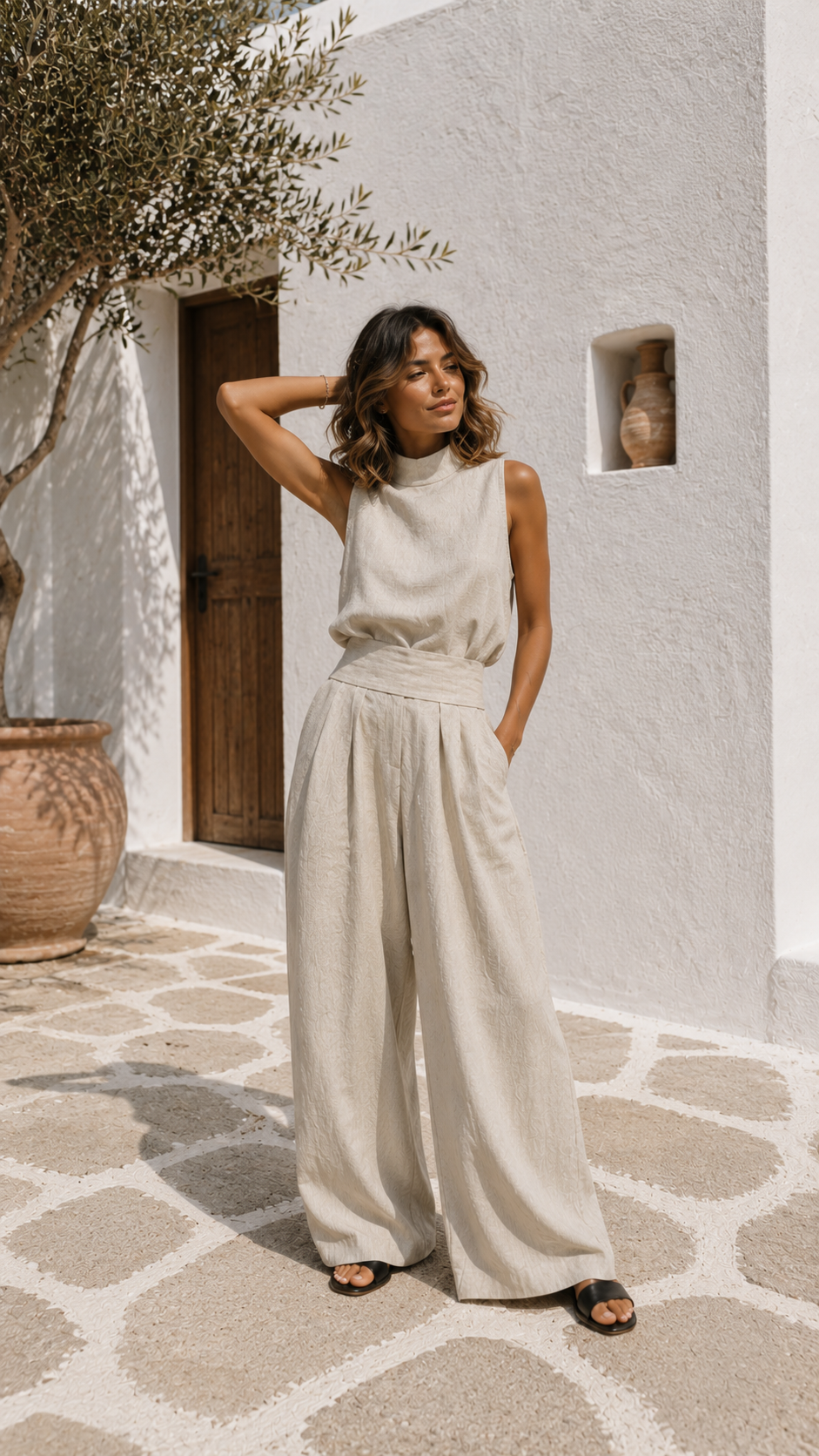 Conjunto de Top sin Mangas y Pantalones Anchos