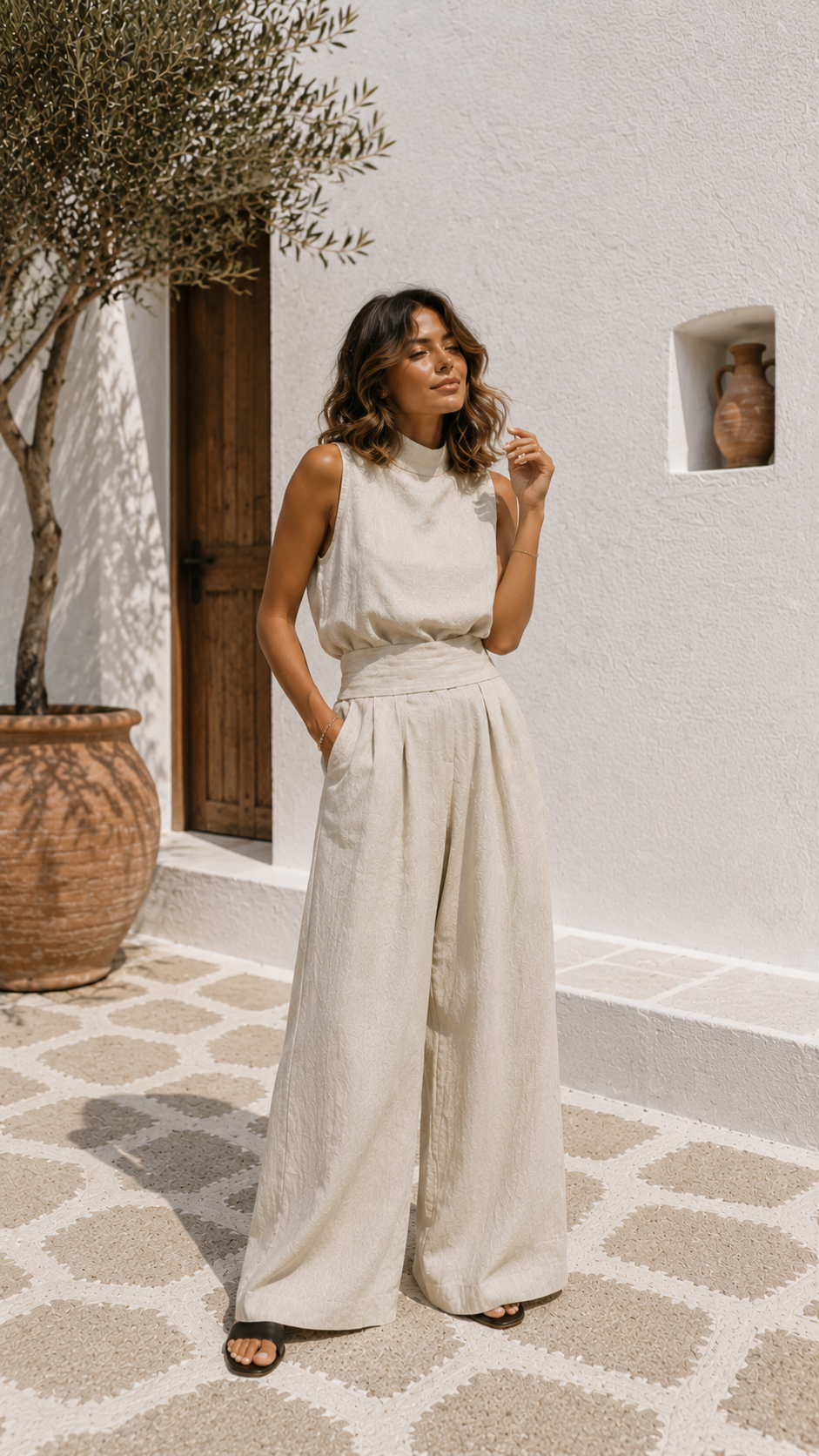 Conjunto de Top sin Mangas y Pantalones Anchos