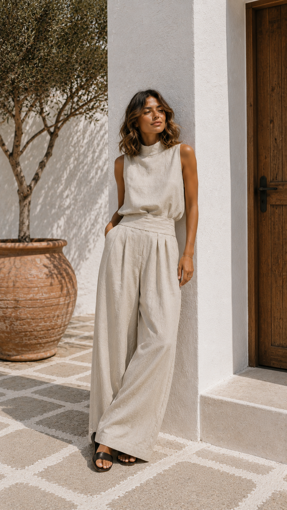 Conjunto de Top sin Mangas y Pantalones Anchos