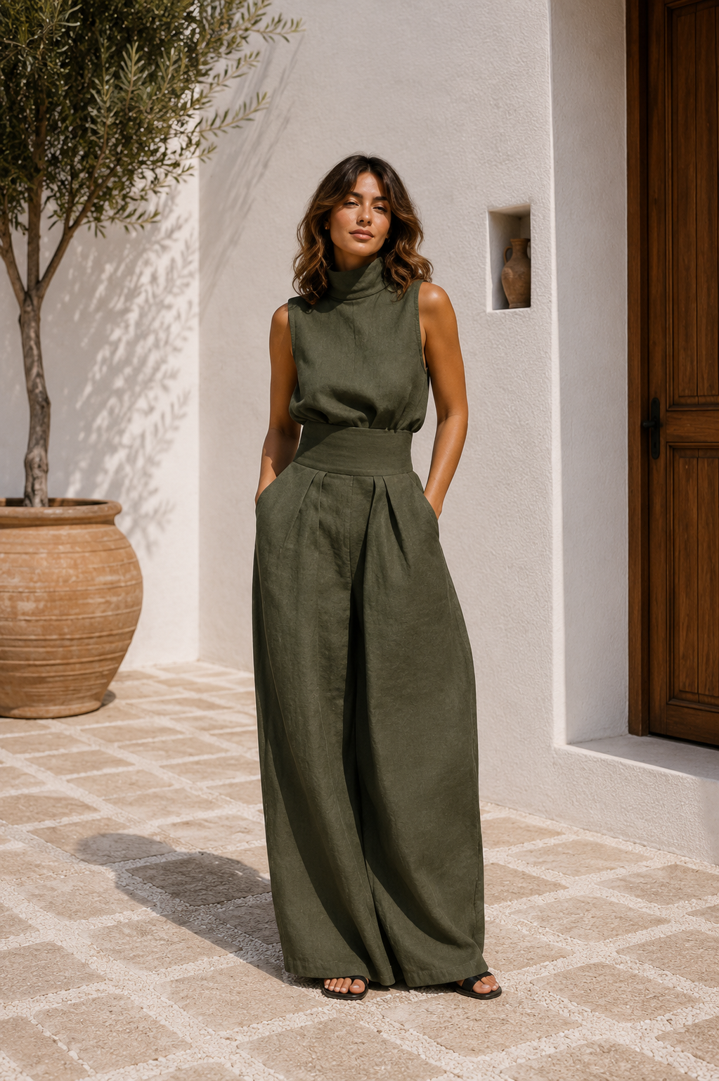 Conjunto de Top sin Mangas y Pantalones Anchos