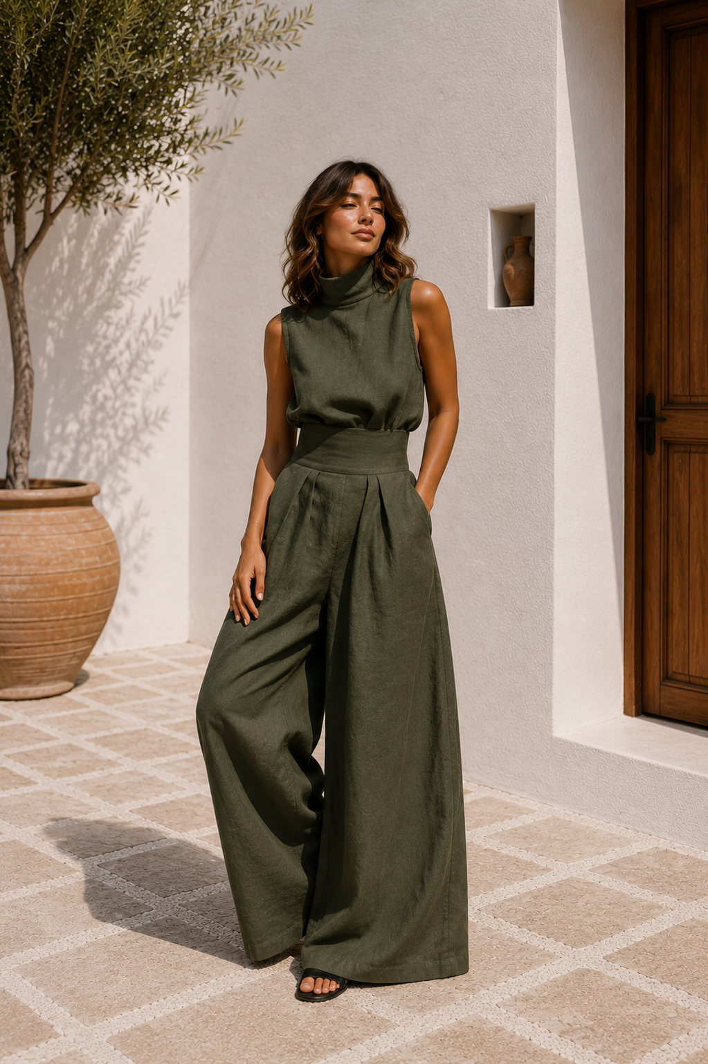 Conjunto de Top sin Mangas y Pantalones Anchos