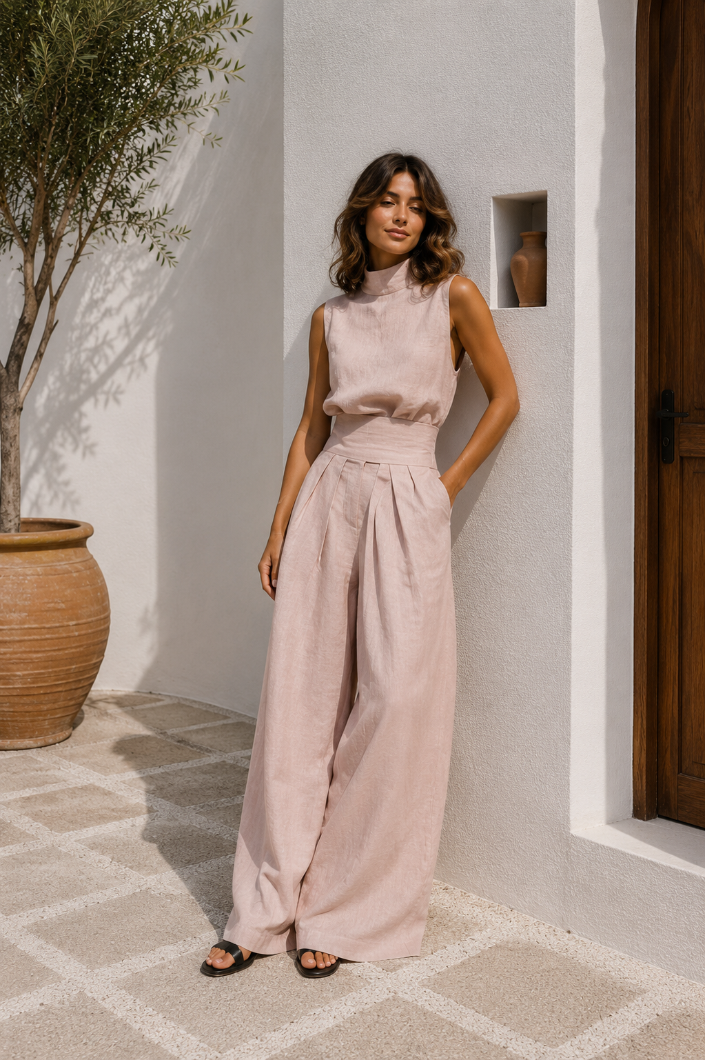 Conjunto de Top sin Mangas y Pantalones Anchos