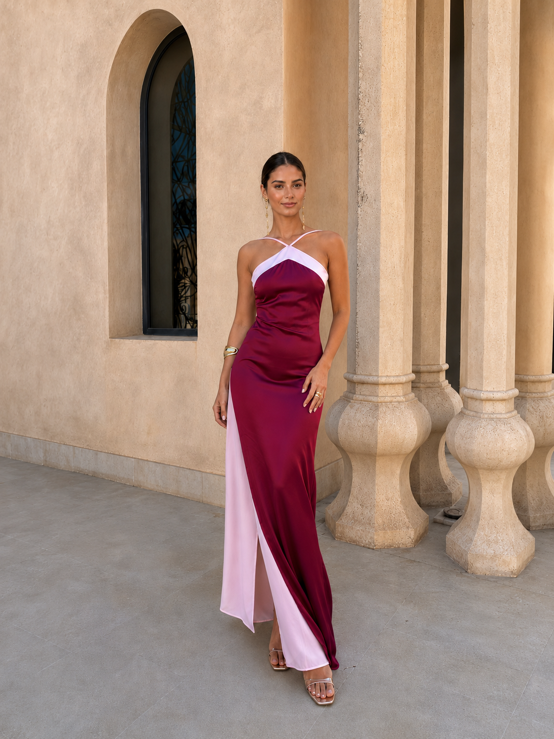 Vestido Largo Satinado Escote Cruzado