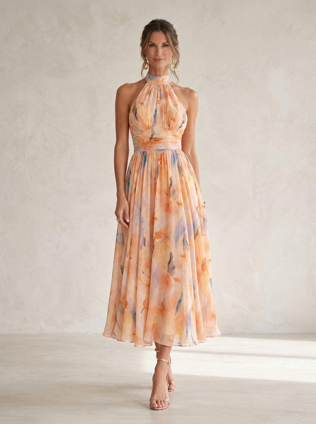 Vestido Largo Halter Estampado Acuarela Pastel