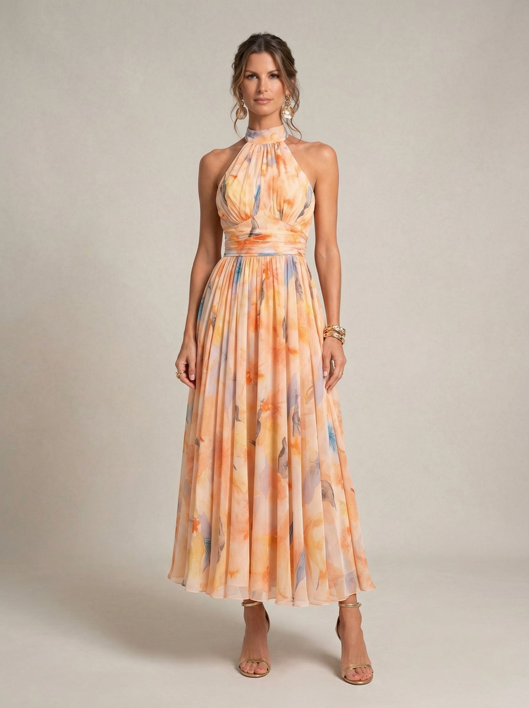 Vestido Largo Halter Estampado Acuarela Pastel