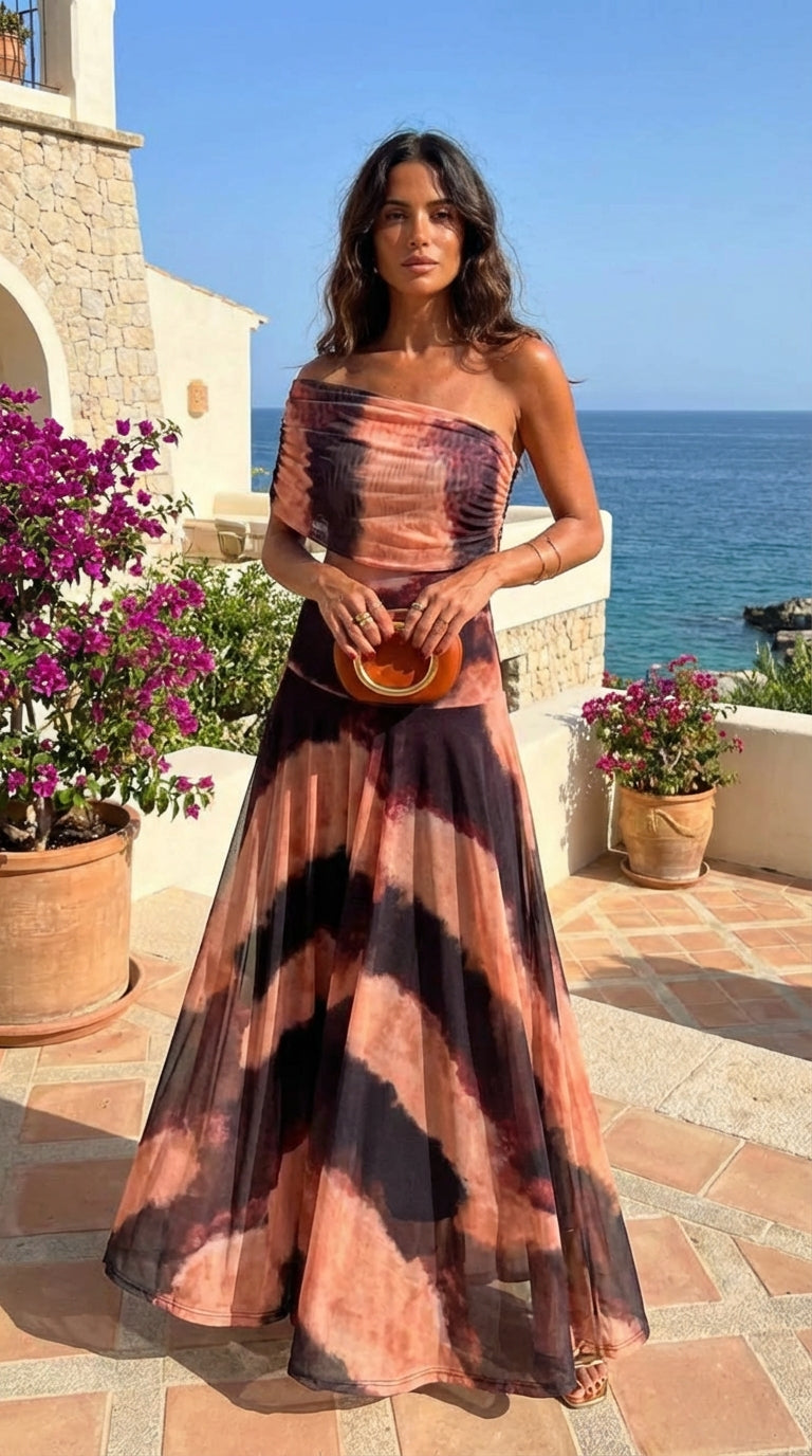 Vestido Largo Estampado Naranja y Marrón
