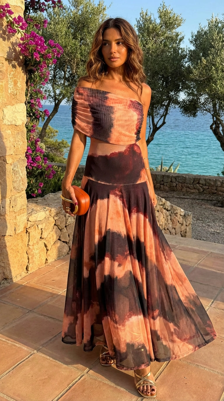 Vestido Largo Estampado Naranja y Marrón