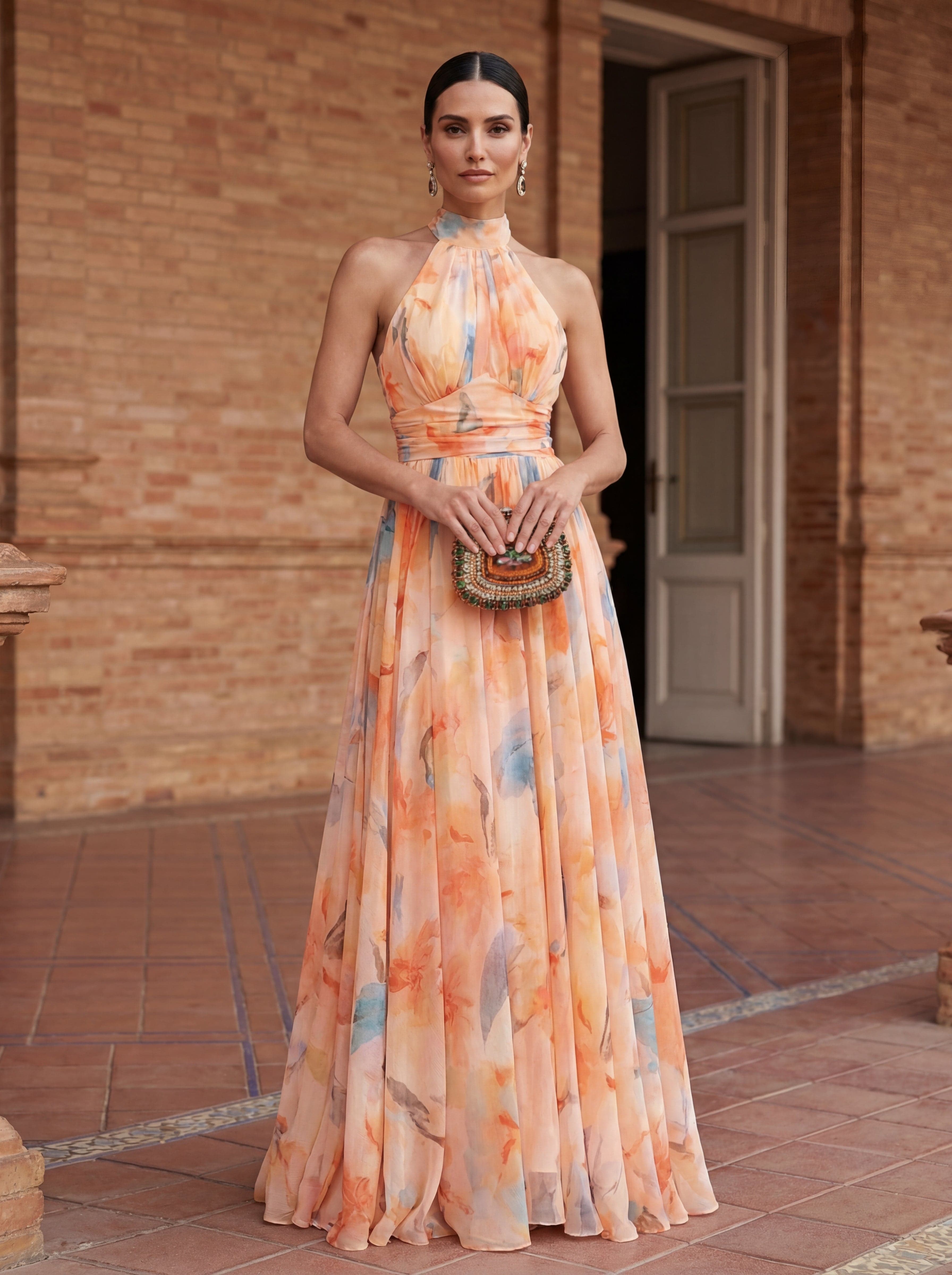 Vestido Largo Halter Estampado Acuarela Pastel