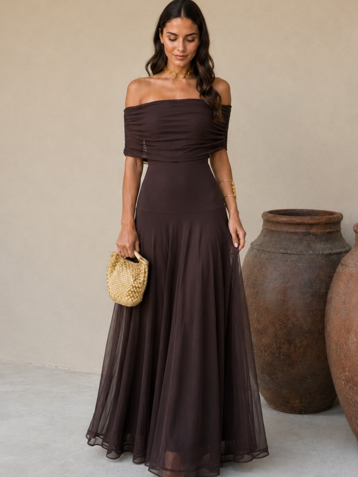 Vestido Largo Fluido en Marrón Terroso
