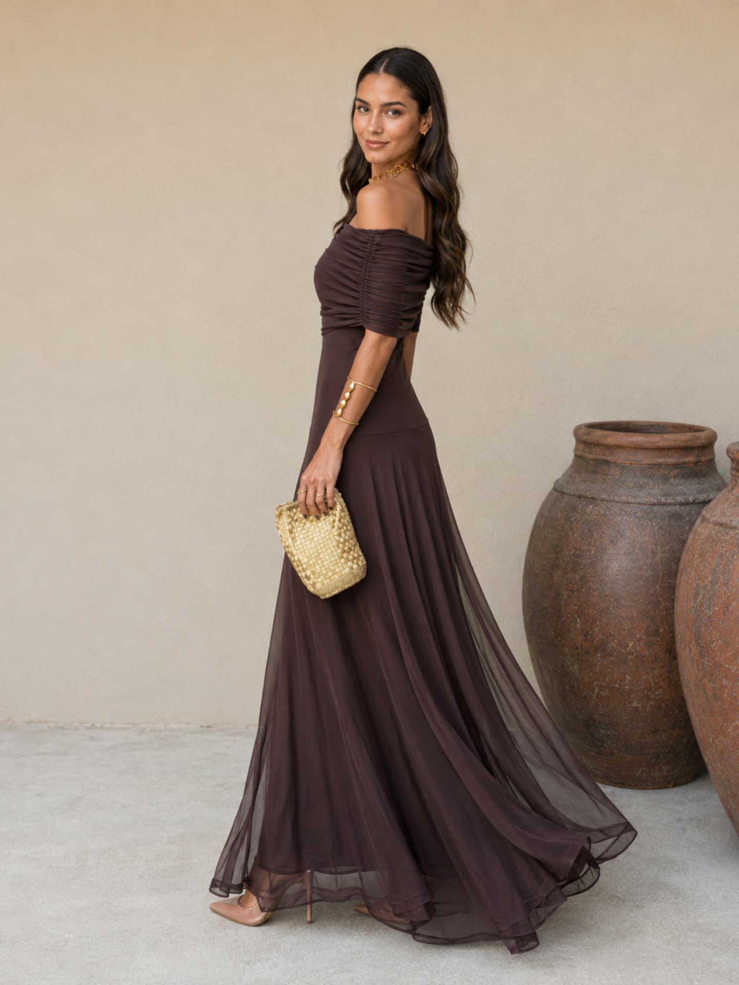 Vestido Largo Fluido en Marrón Terroso