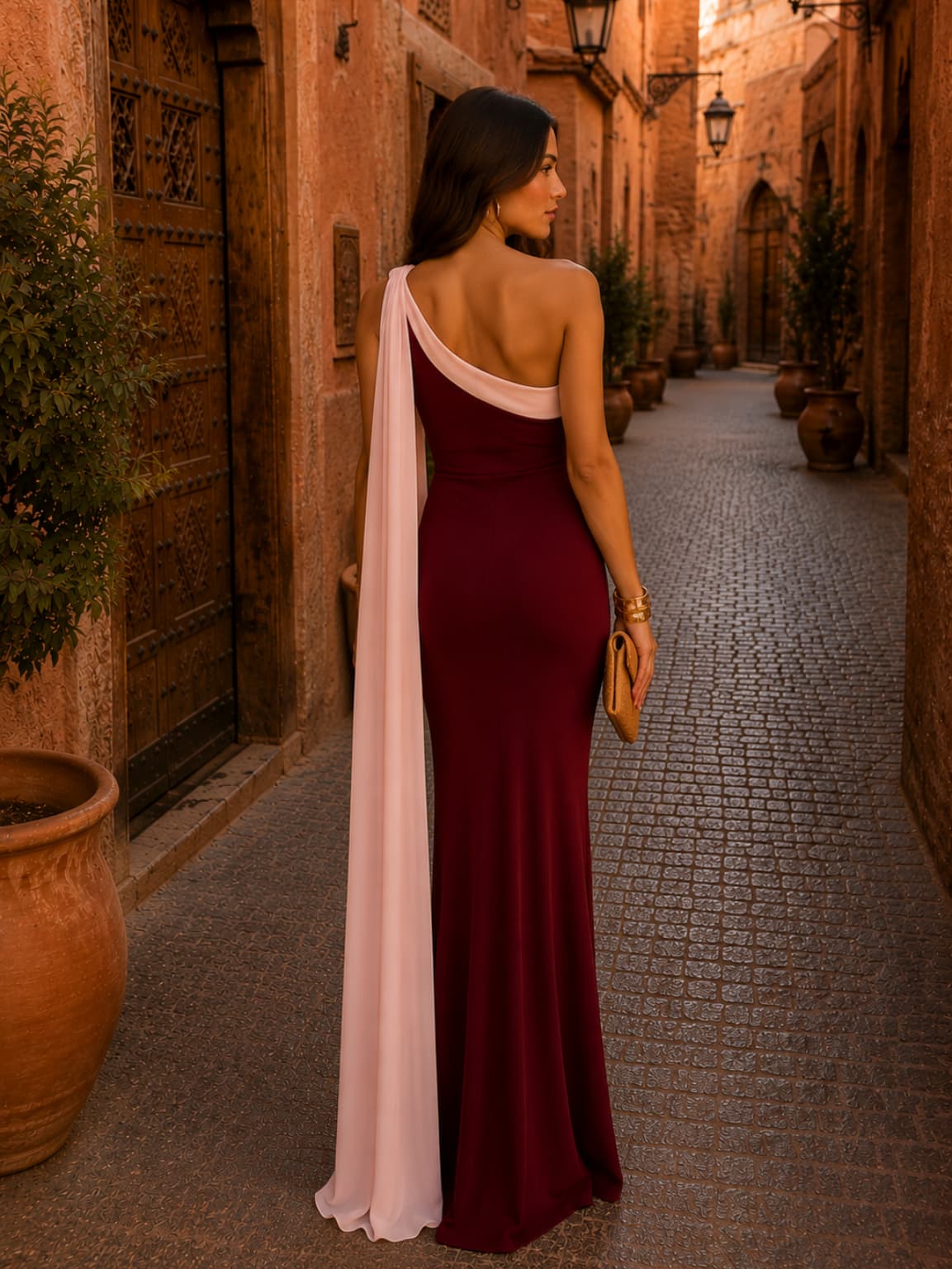 Vestido Largo Asimétrico con Detalle de Gasa