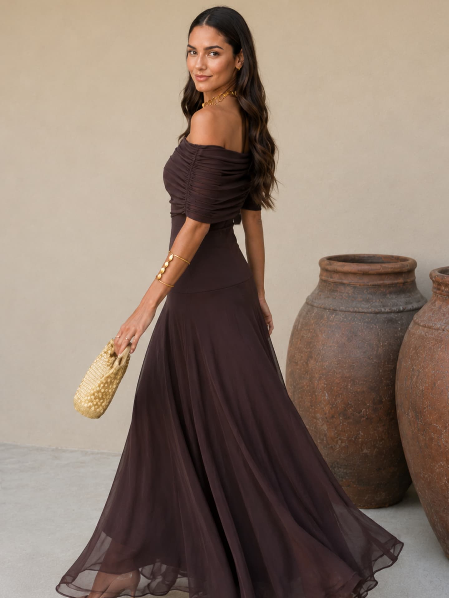 Vestido Largo Fluido en Marrón Terroso