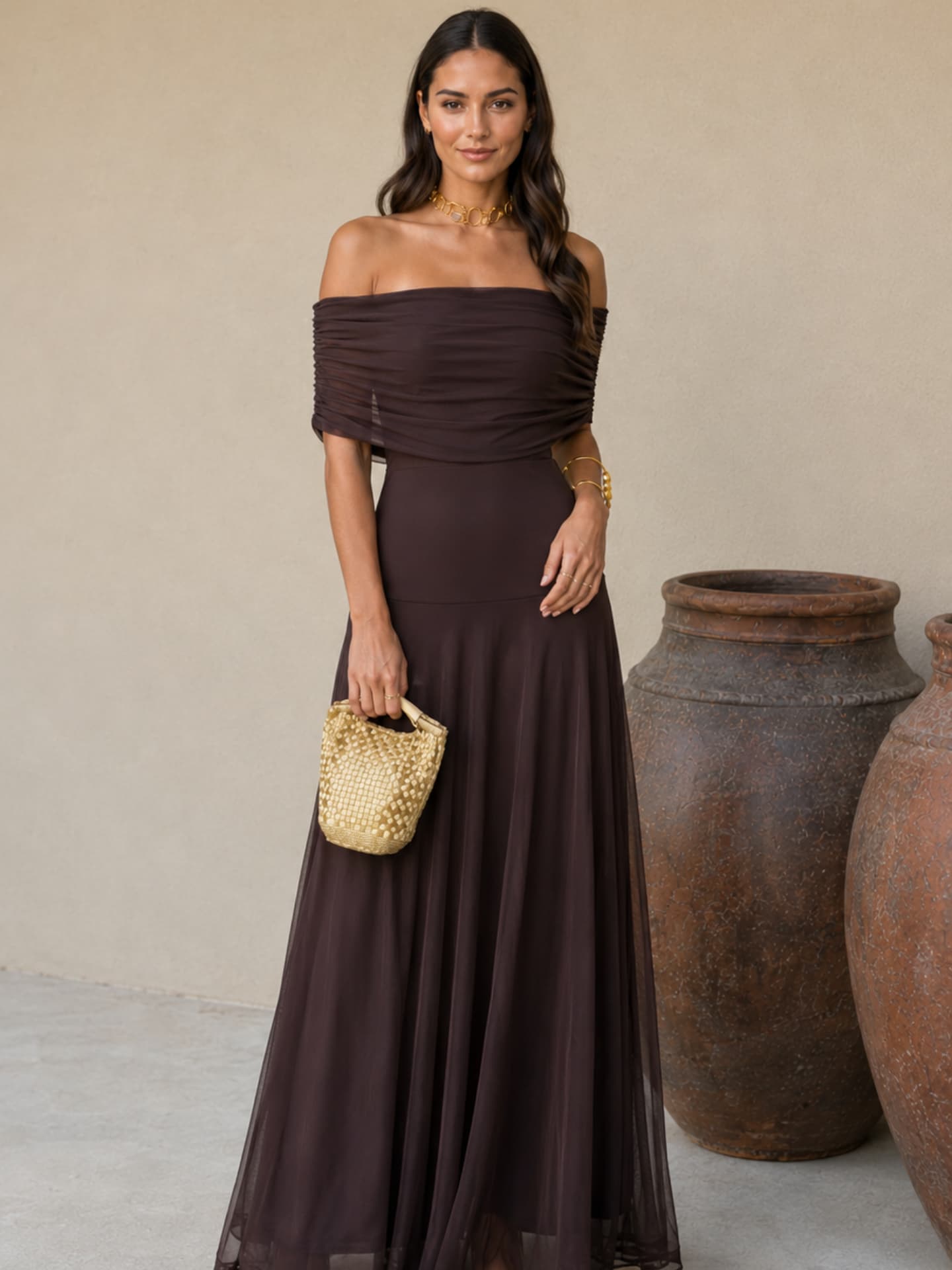 Vestido Largo Fluido en Marrón Terroso