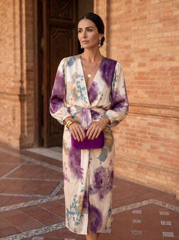 Vestido Midi Escote en V Estampado Morado