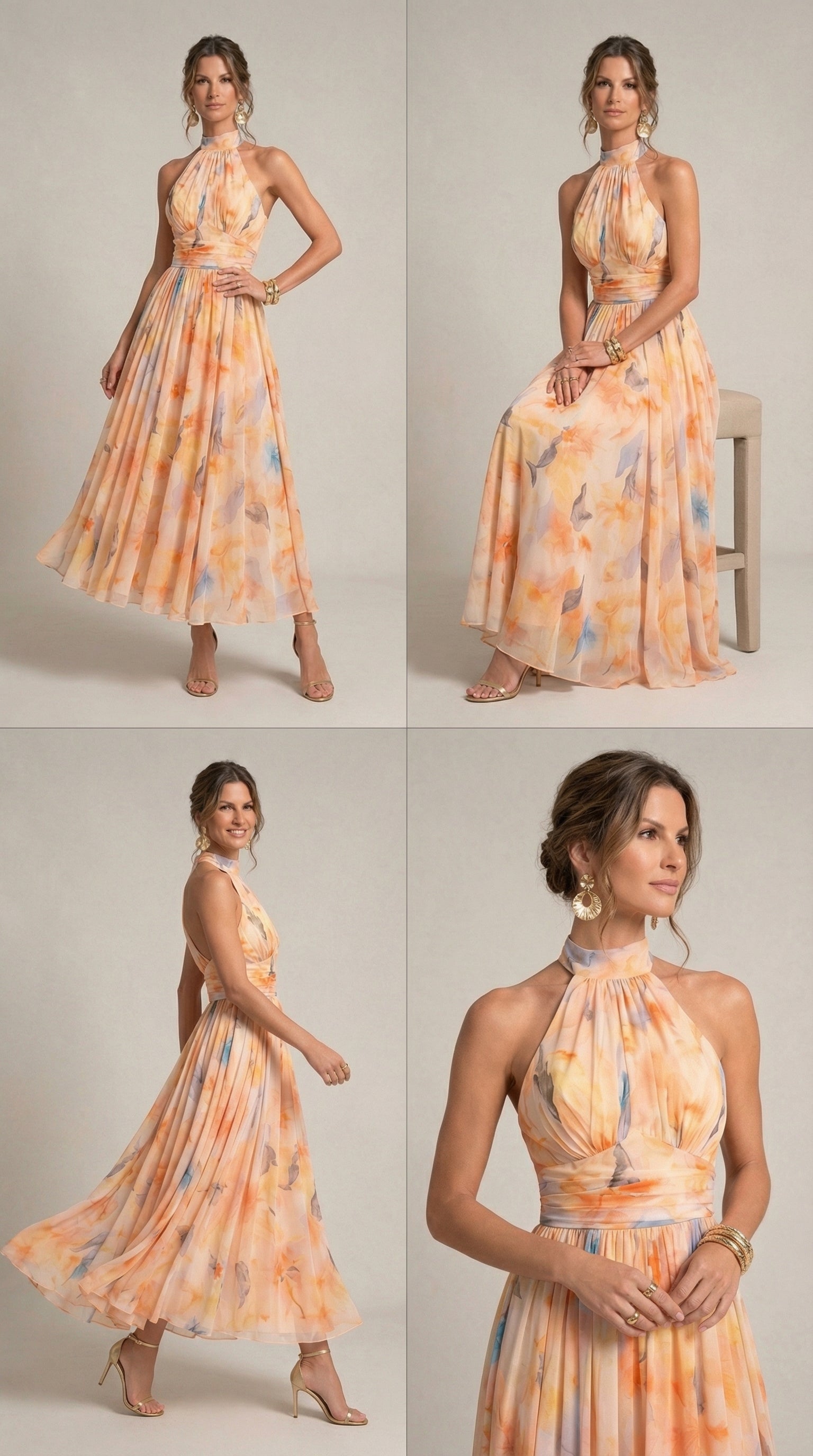 Vestido Largo Halter Estampado Acuarela Pastel