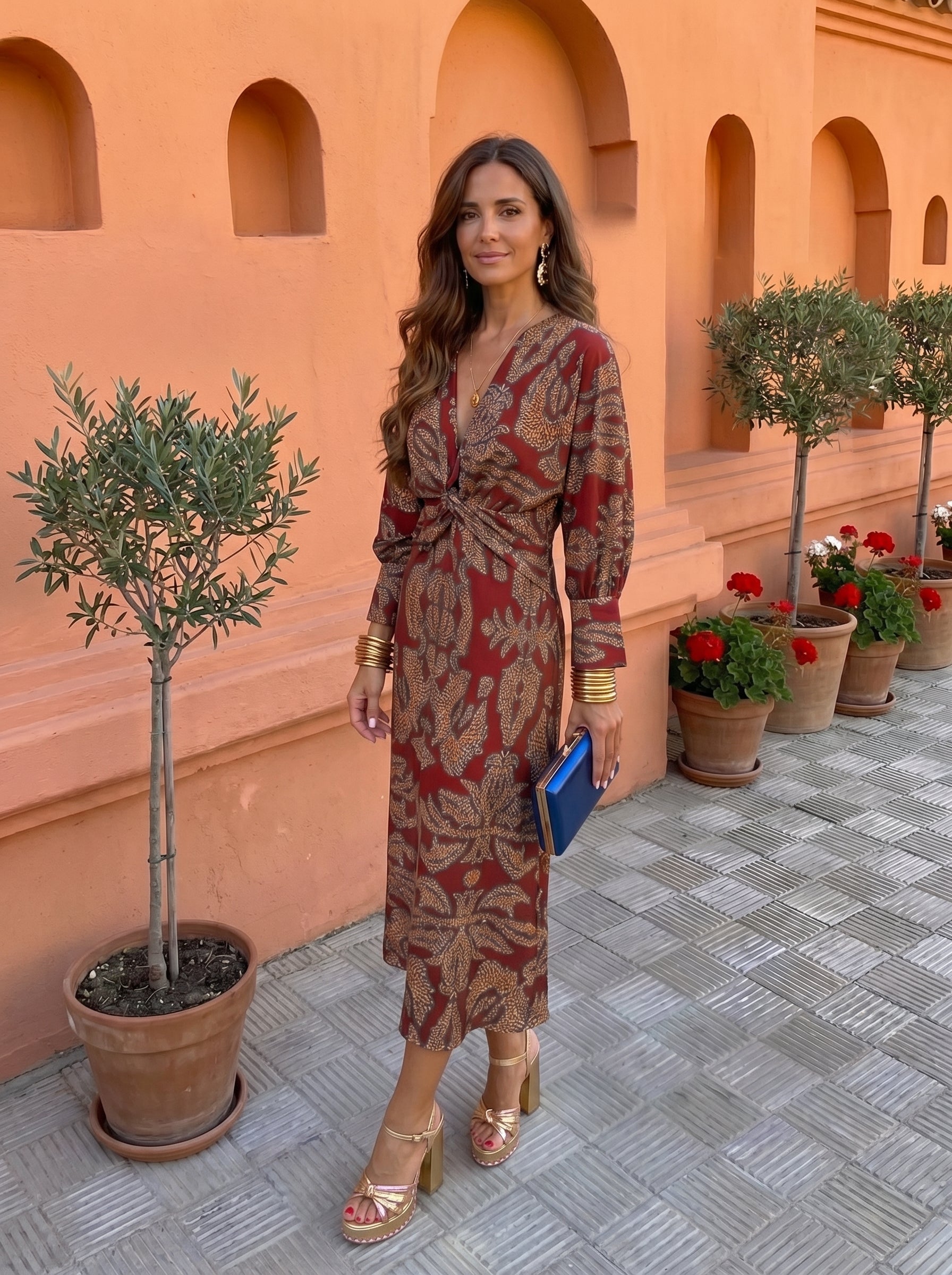 Vestido Midi Nudo en Cintura Estampado