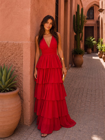 Vestido Largo Halter Volantes Escalonados