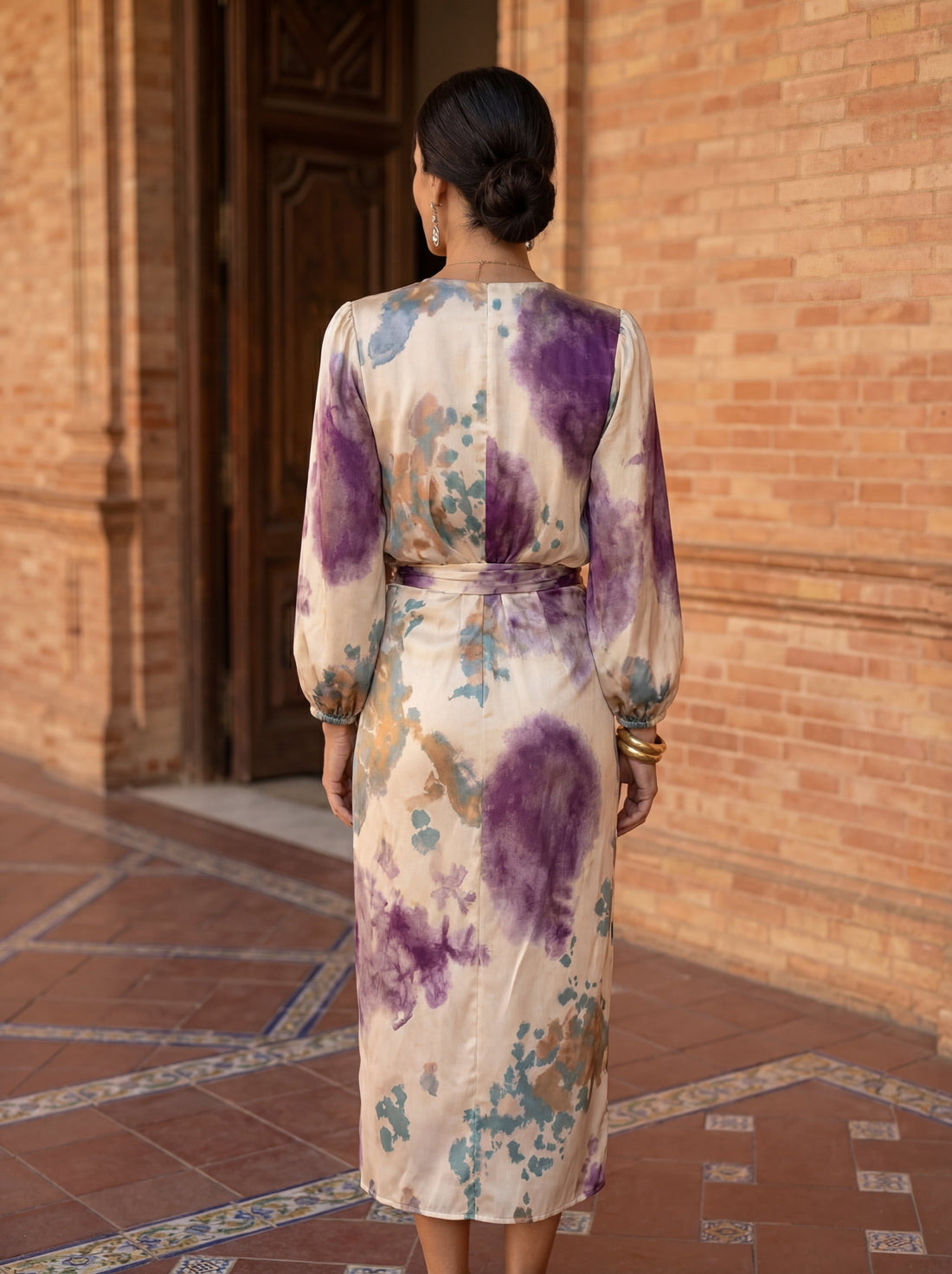 Vestido Midi Escote en V Estampado Morado
