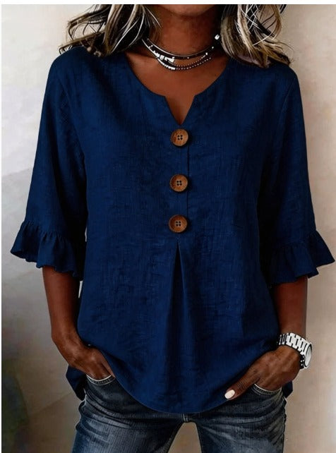 ROSARIO | Blusa lisa de algodón y lino con botones de madera y volantes