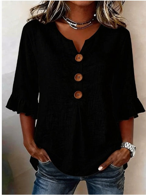 ROSARIO | Blusa lisa de algodón y lino con botones de madera y volantes