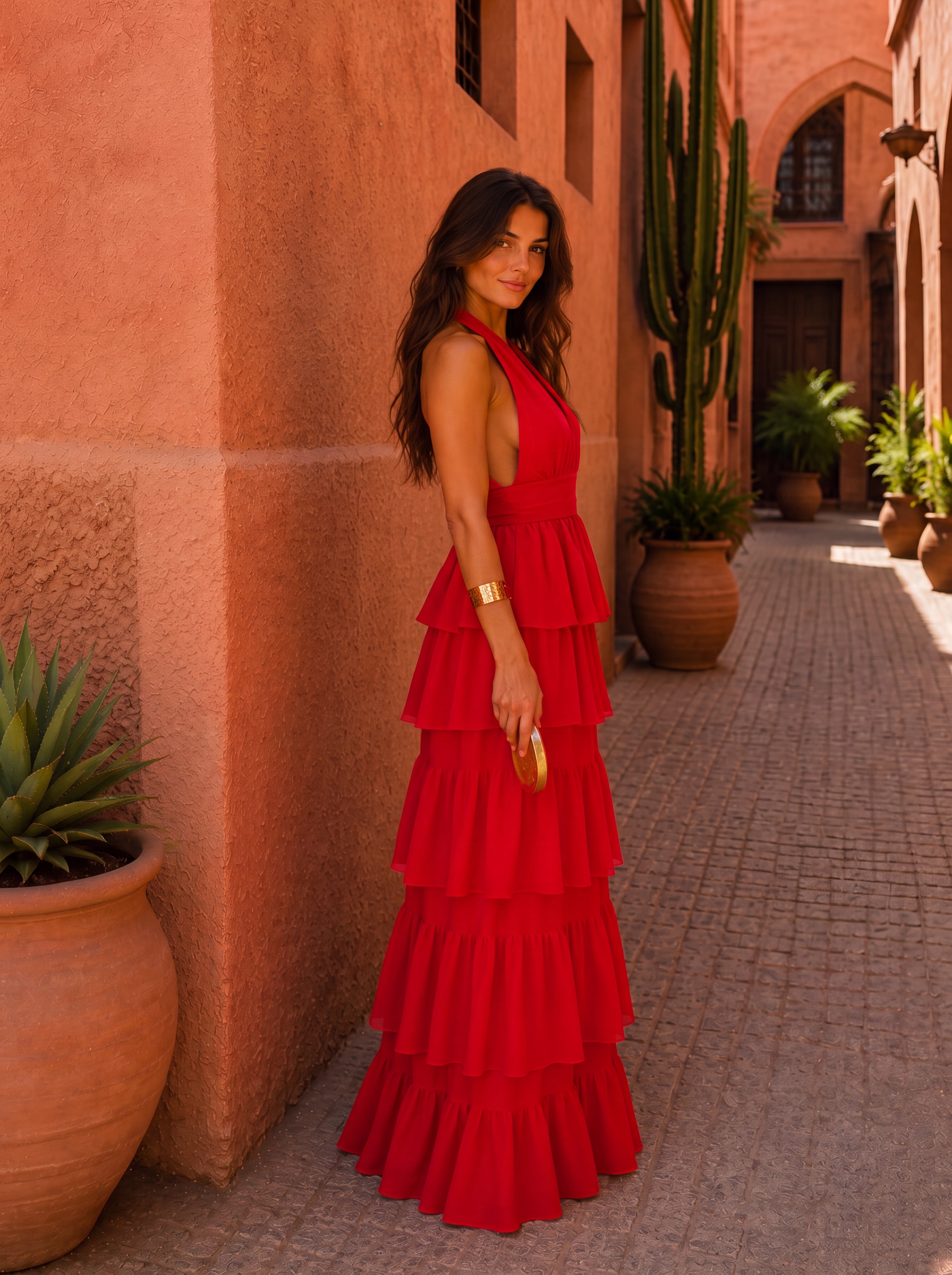 Vestido Largo Halter Volantes Escalonados