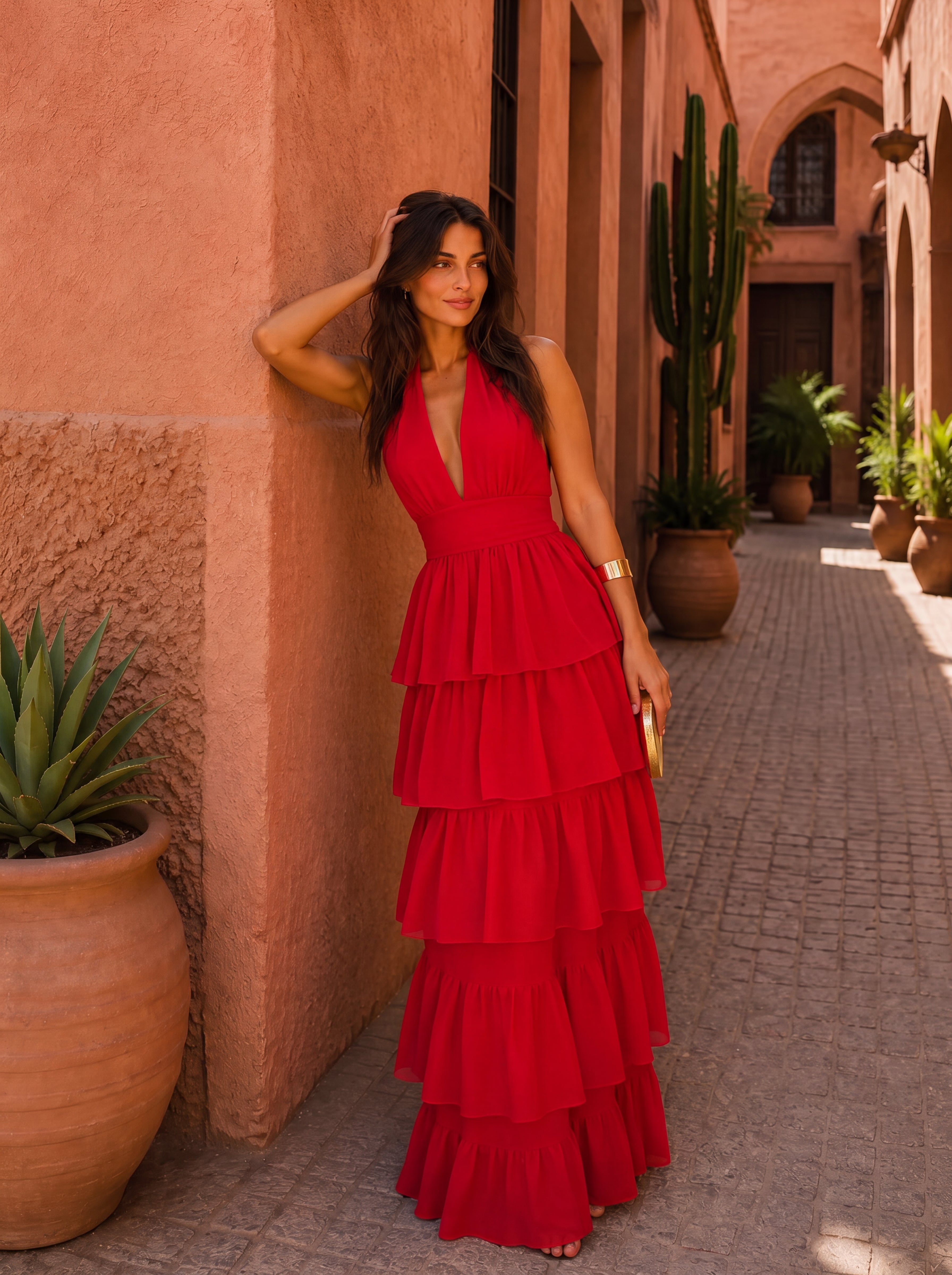 Vestido Largo Halter Volantes Escalonados