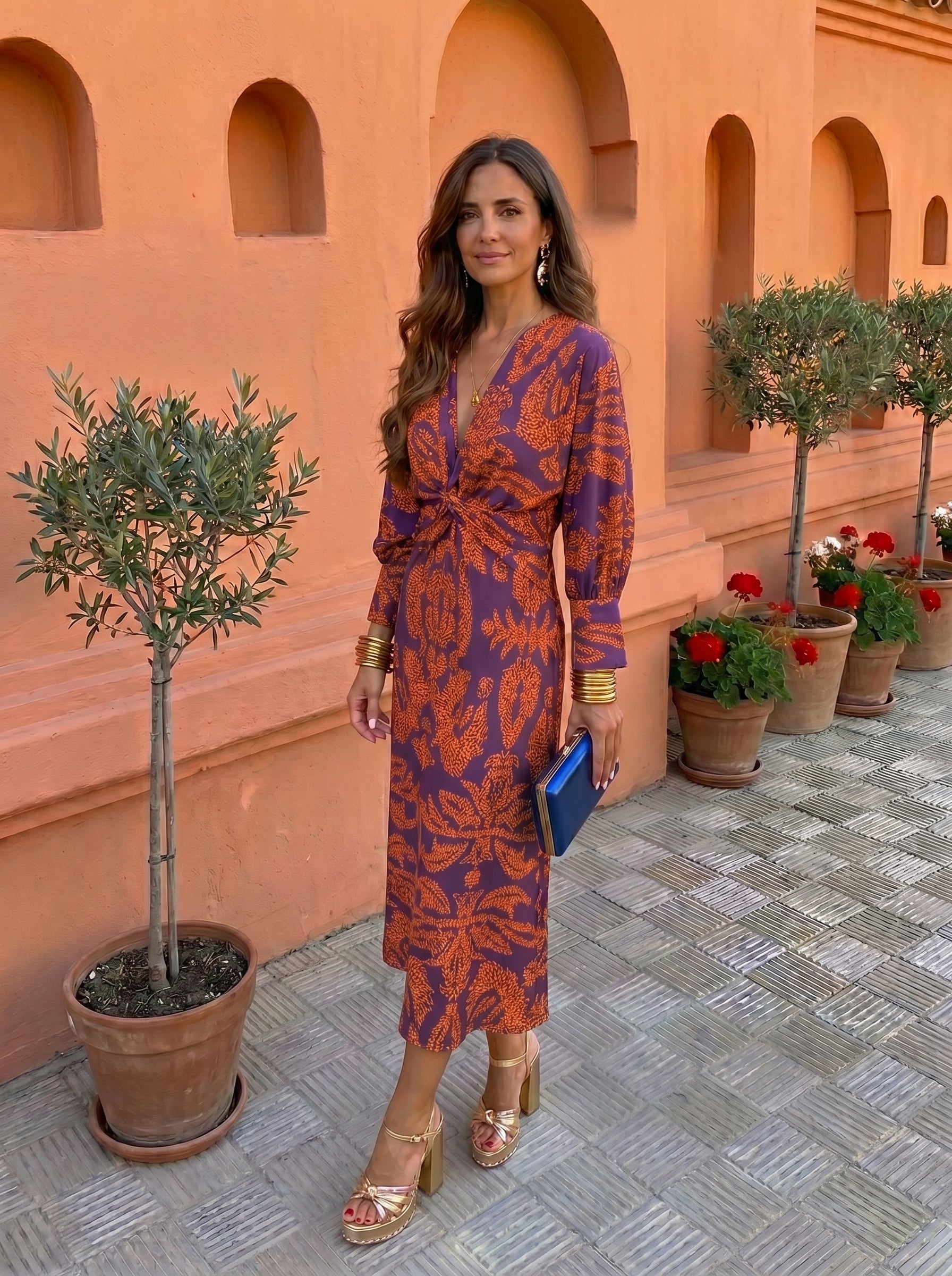Vestido Midi Nudo en Cintura Estampado