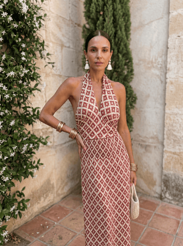 Vestido Largo Halter Estampado Geométrico Cálido