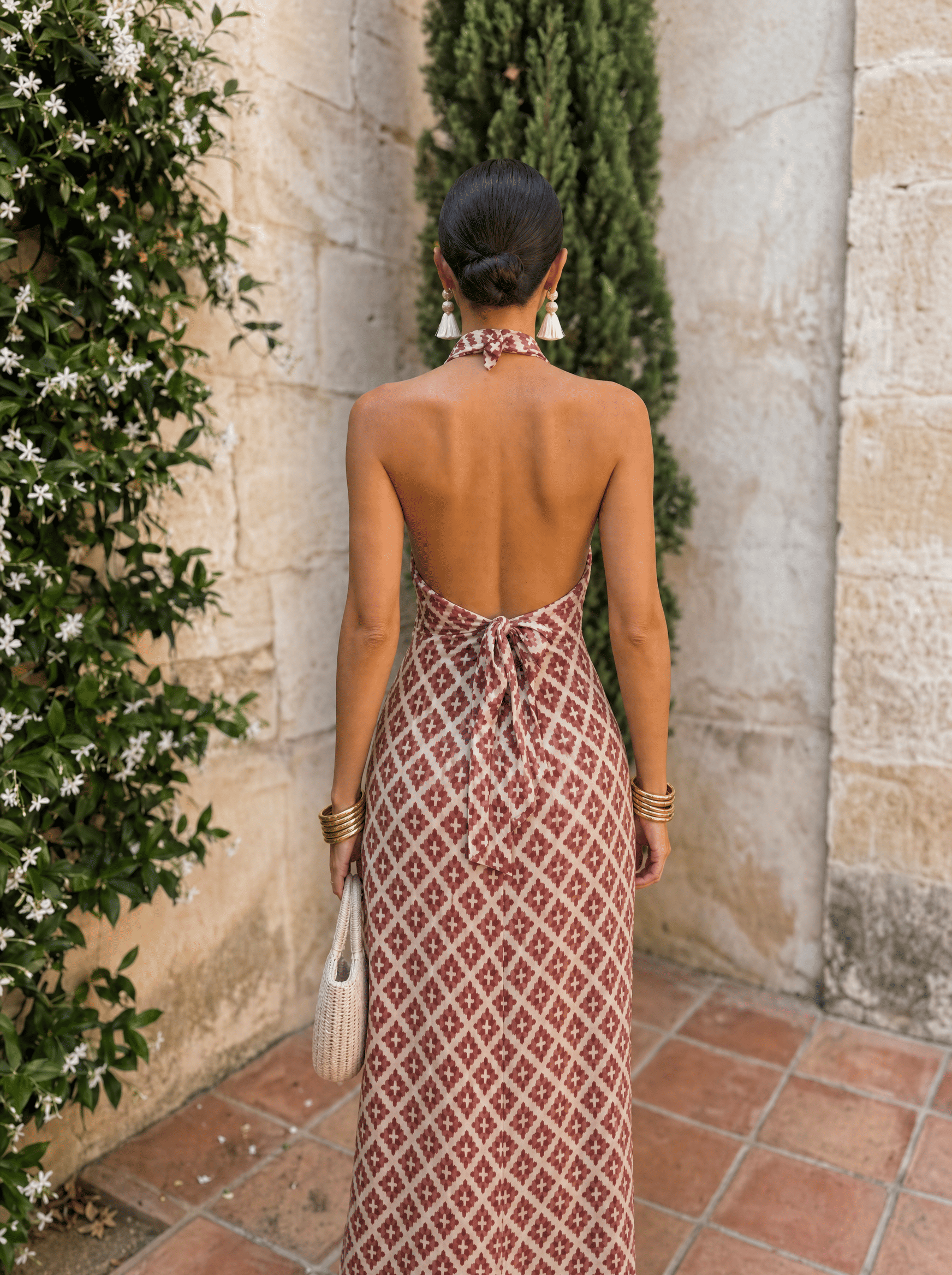 Vestido Largo Halter Estampado Geométrico Cálido